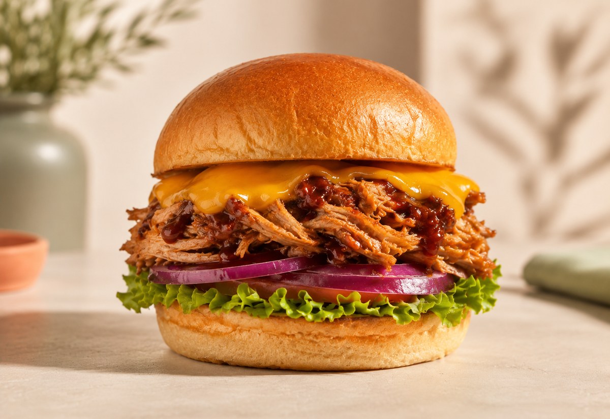 Burger Pulled Pork au porc effiloché, cheddar et sauce barbecue